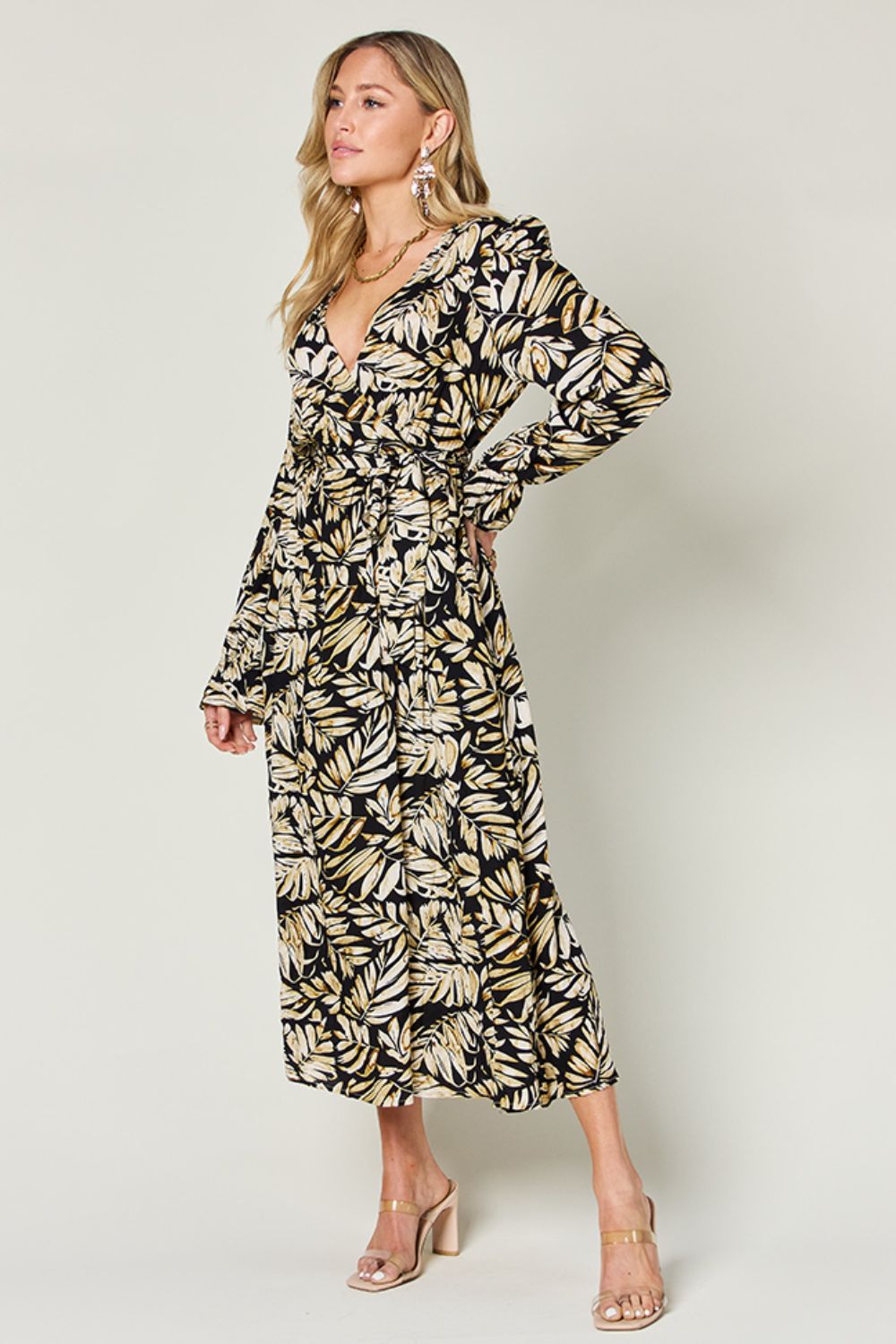 Double Take Tie Back Flounce Sleeve Dress