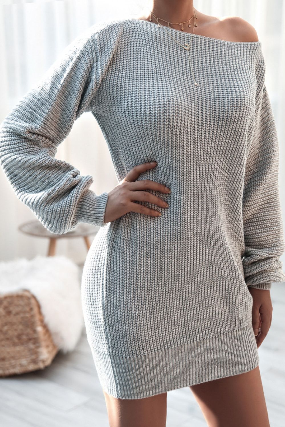 Boat Neck Long Sleeve Mini Sweater Dress