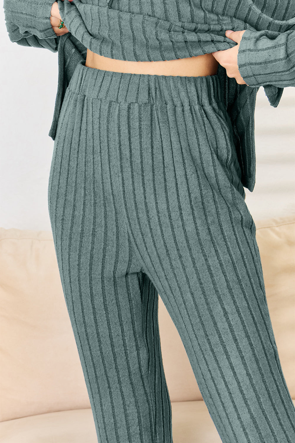 Basic Bae Full Size Ribbed Hooded Top and Straight Pants Set