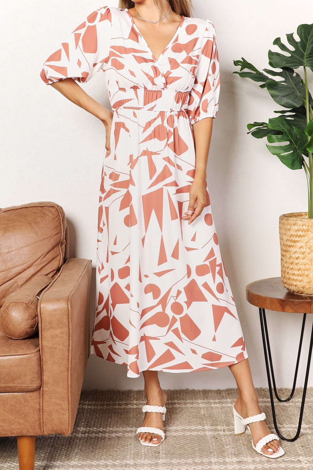 Surplice Balloon Sleeve Printed Dress