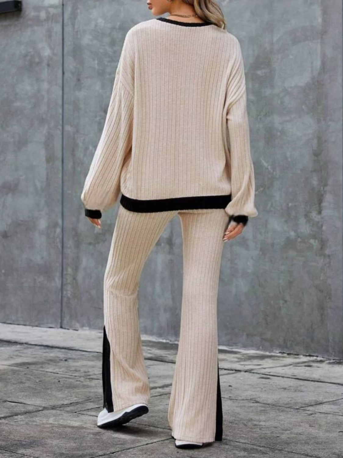 Contrast Round Neck Long Sleeve Top and Pants Set