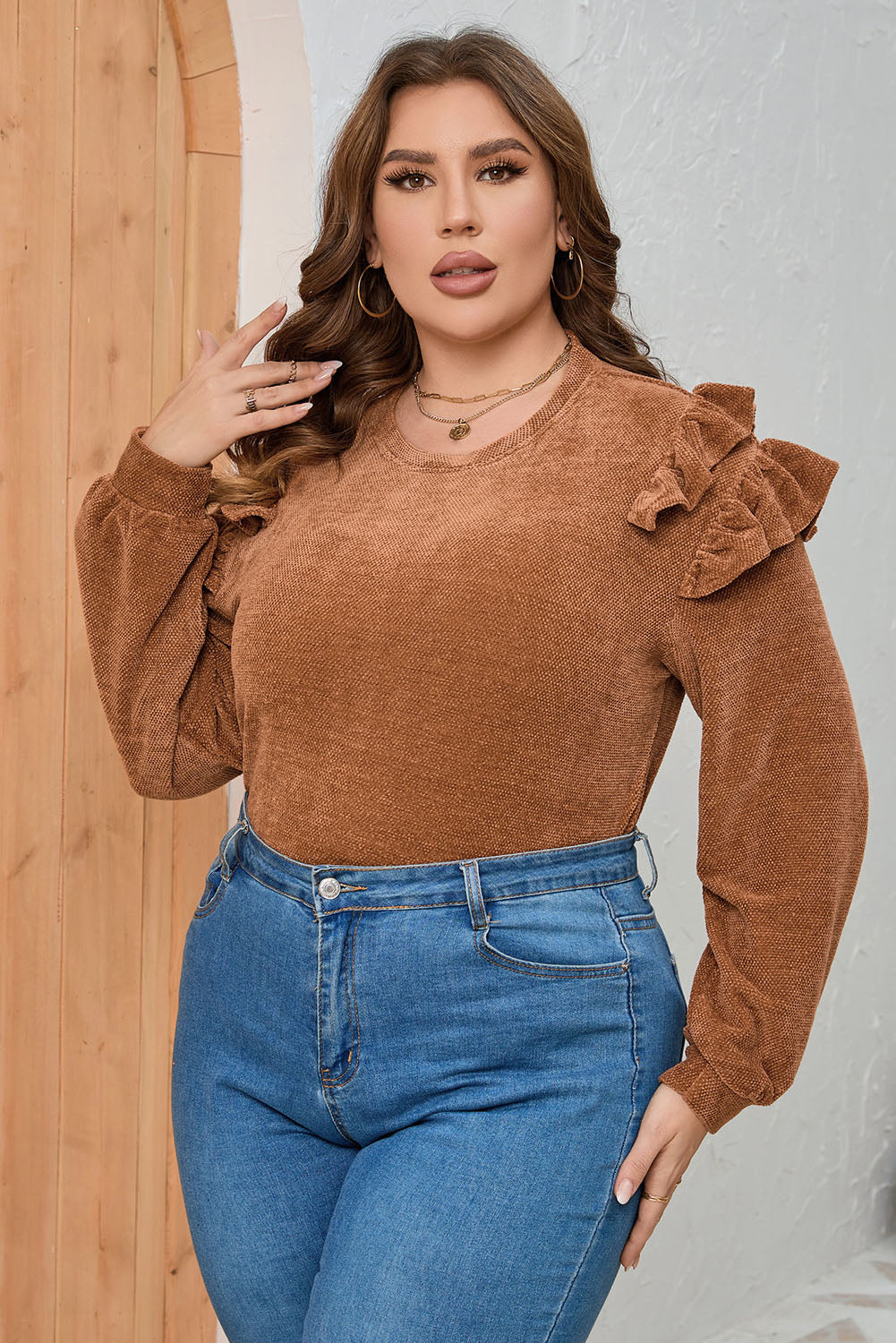 Plus Size Ruffled Round Neck Long Sleeve