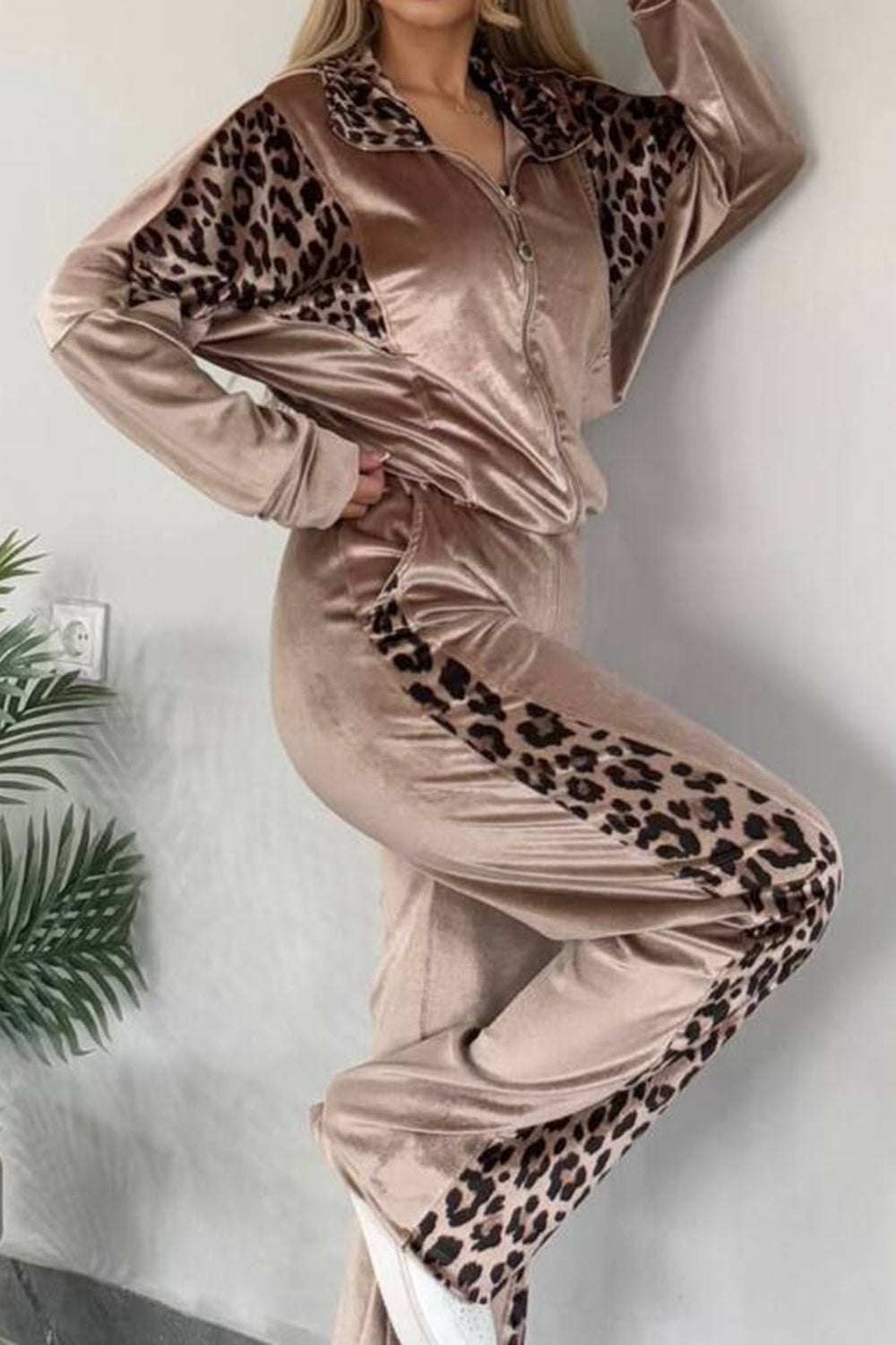 Full Size Collared Neck Leopard Zip Up Top and Pants Set Plus Size