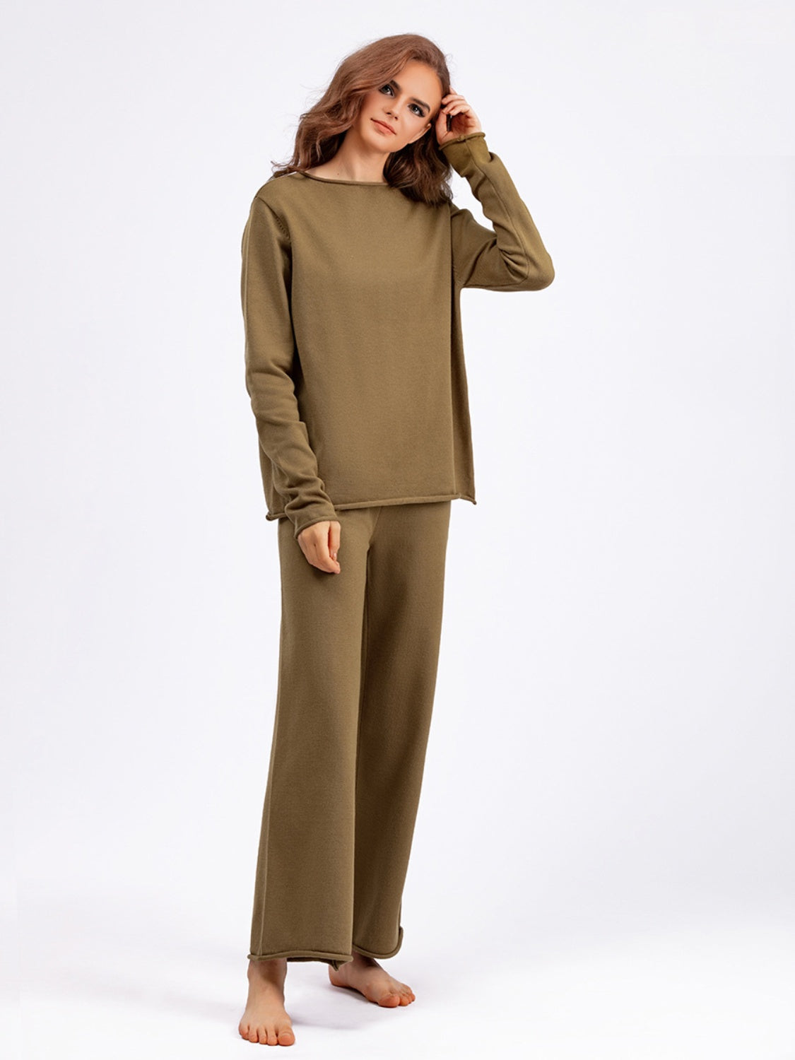 Basic Bae Rolled Round Neck Top and Pants Sweater Set