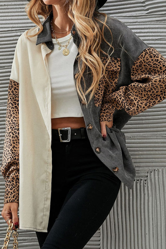 Leopard Button Up Drop Shoulder Jacket