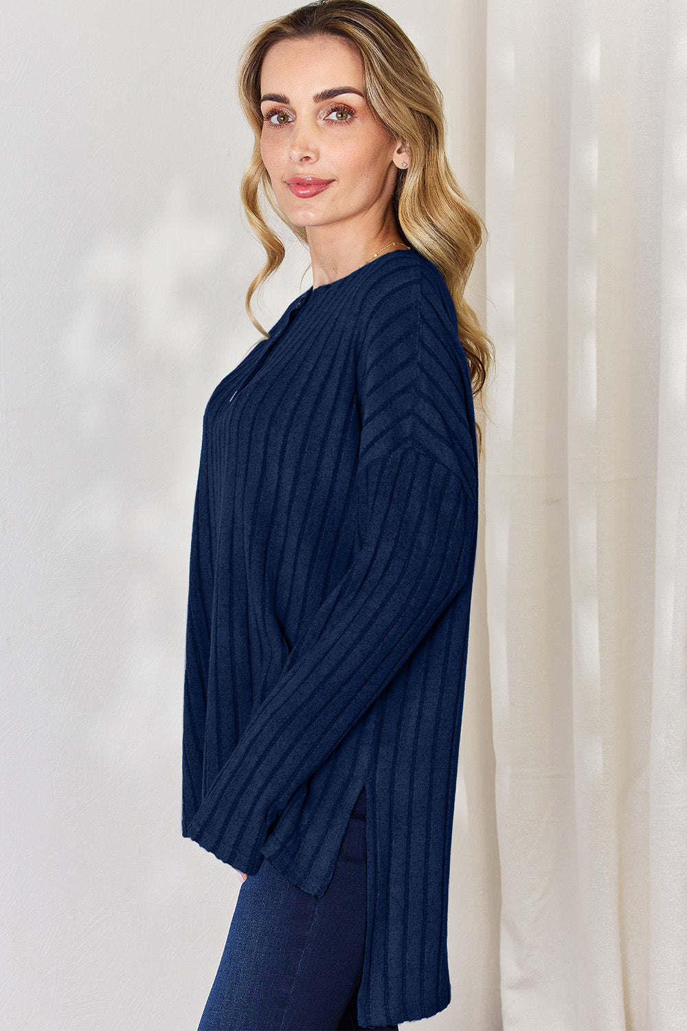 Basic Bae Full Size Ribbed Half Button Long Sleeve High-Low shirt