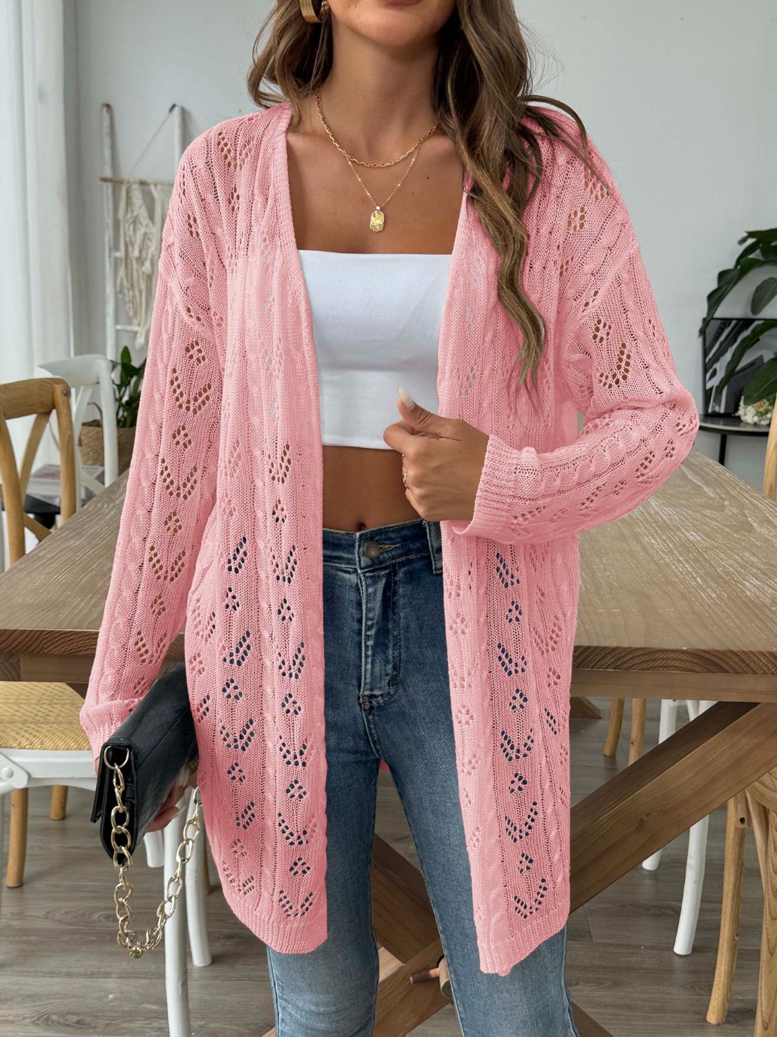 Sale - Openwork Open Front Long Sleeve Cardigan