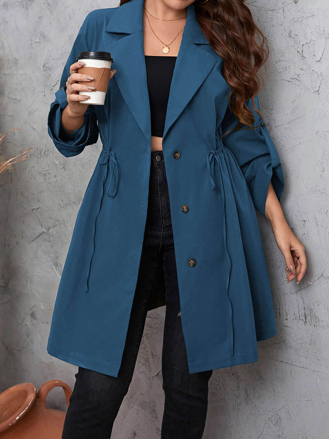 Plus Size Lapel Collar Womens Roll-Tab Sleeve Trench Coat