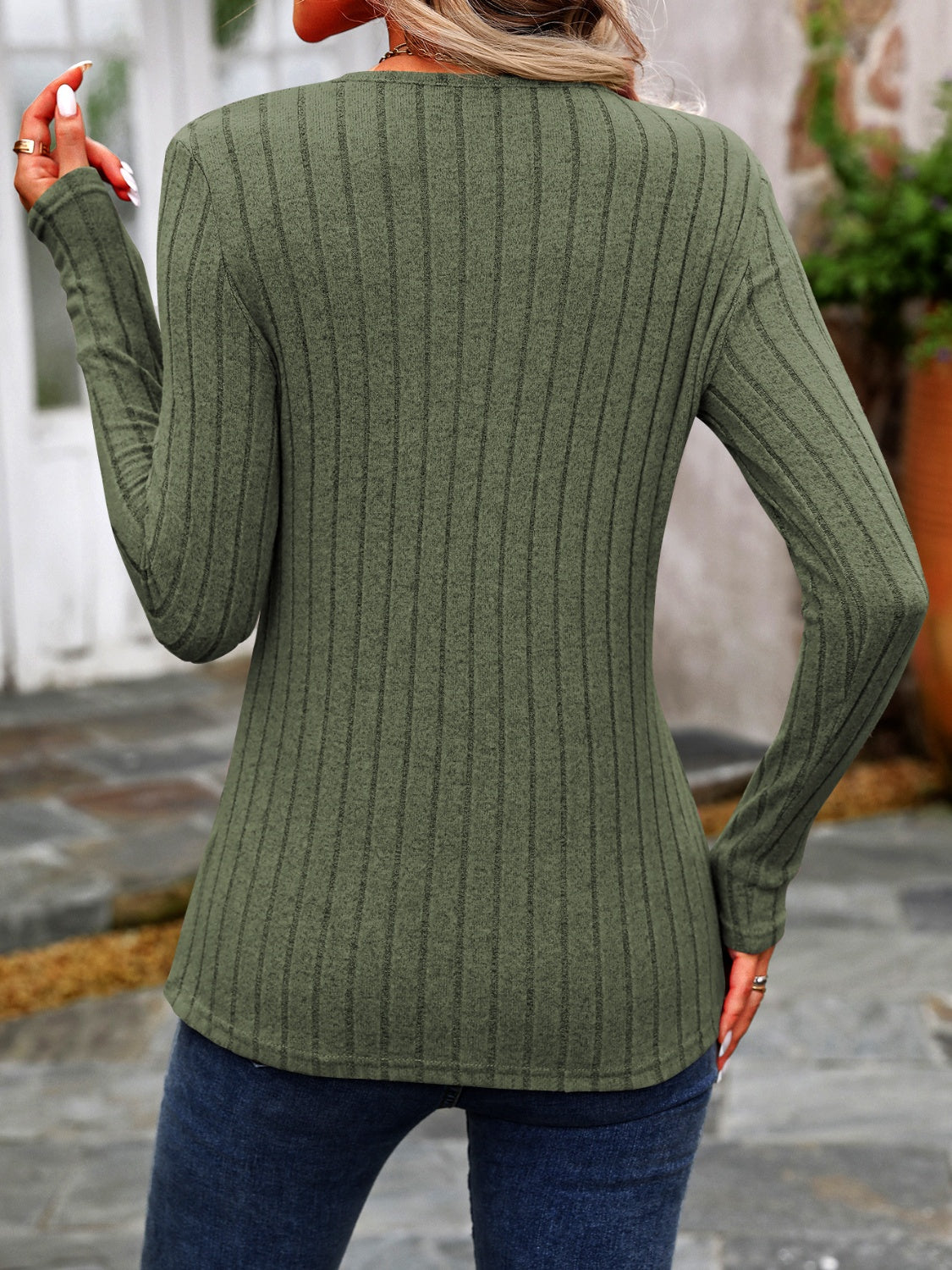 Decorative Button Round Neck Long Sleeve Shirt