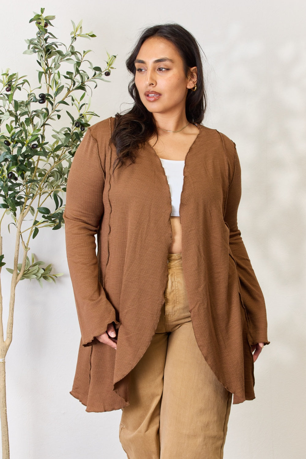 Coco Brown Culture Code Full Size Open Front Long Sleeve Cardigan