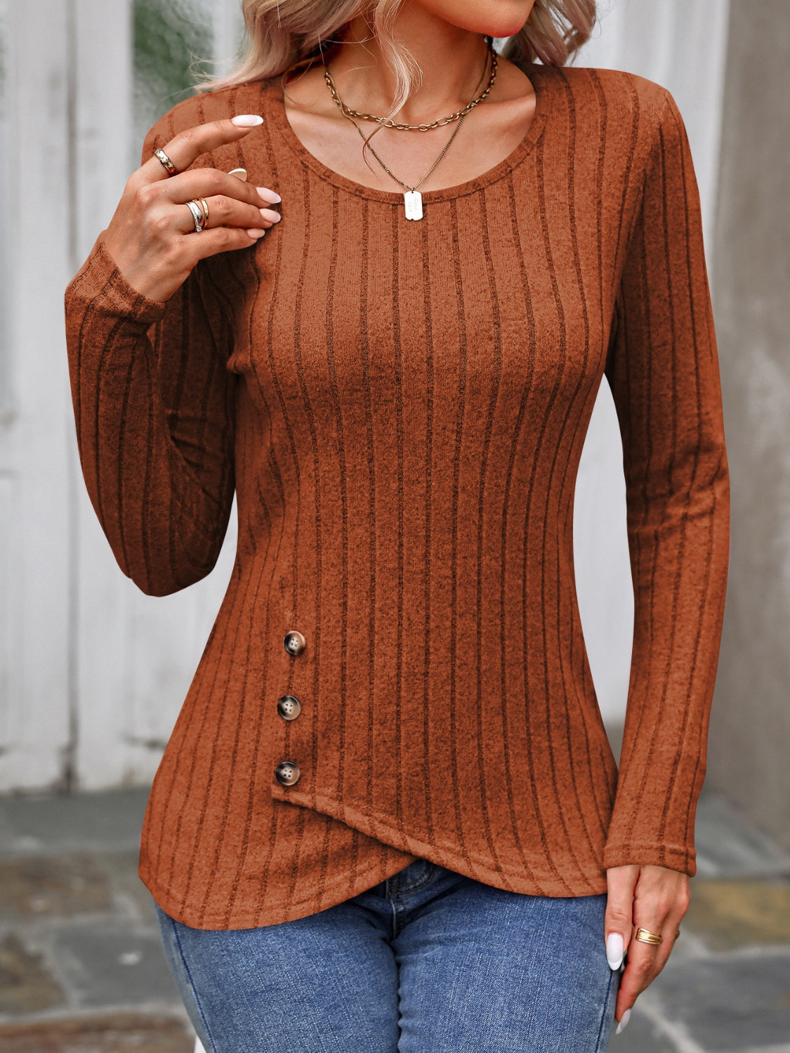 Decorative Button Round Neck Long Sleeve Shirt