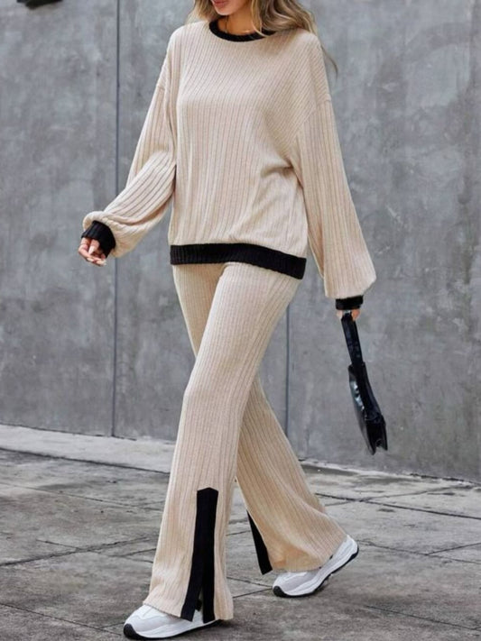 Contrast Round Neck Long Sleeve Top and Pants Set