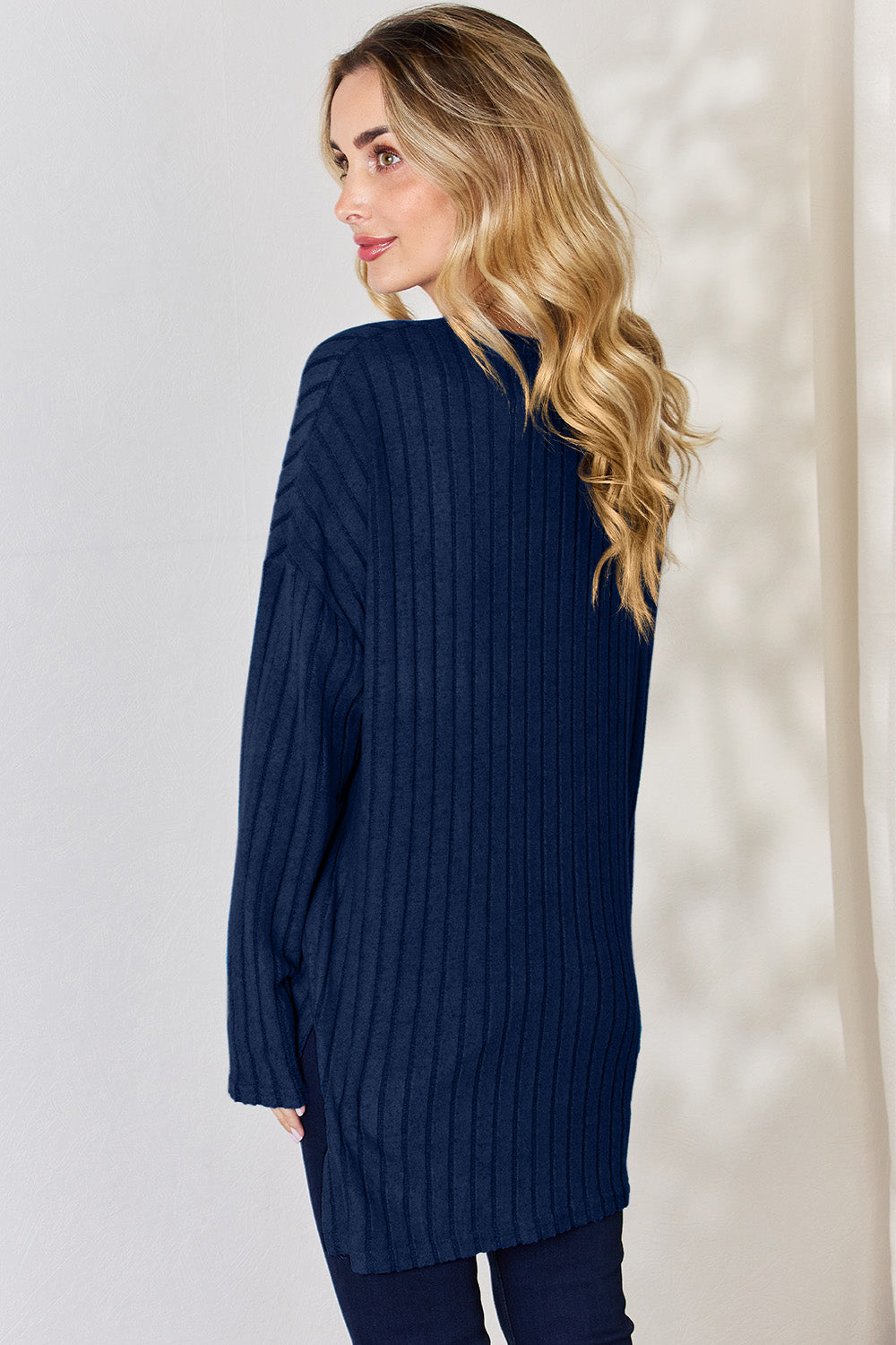 Basic Bae Full Size Ribbed Half Button Long Sleeve High-Low shirt