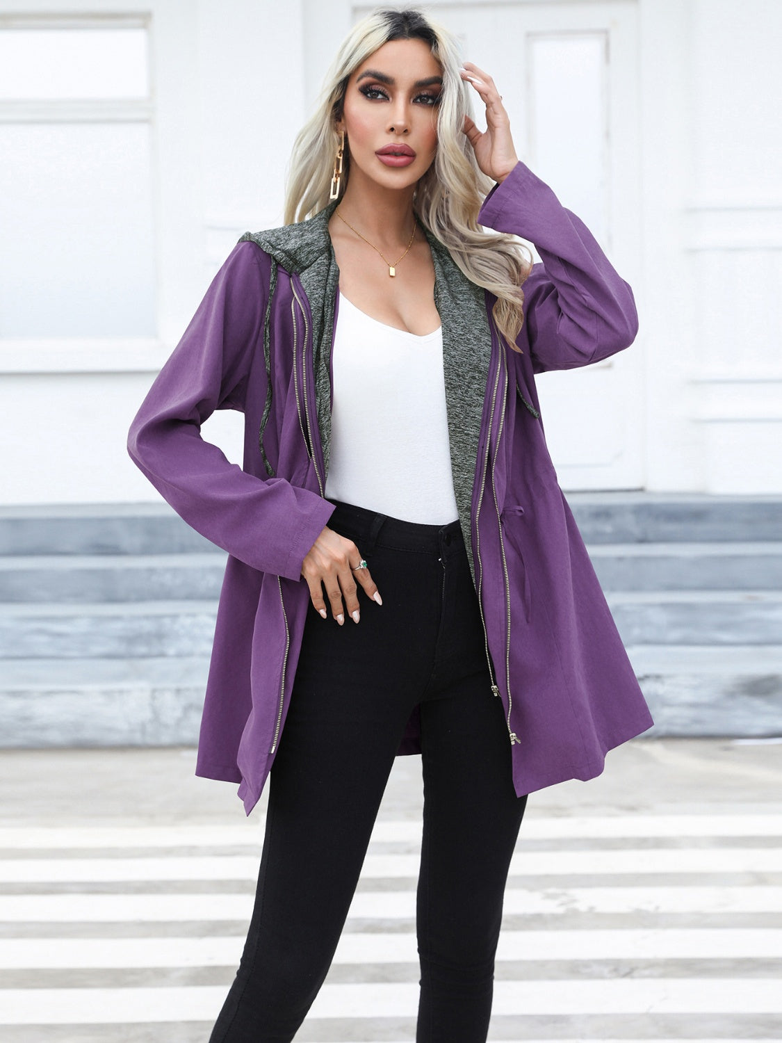 Zip Up Hooded Trench Coat