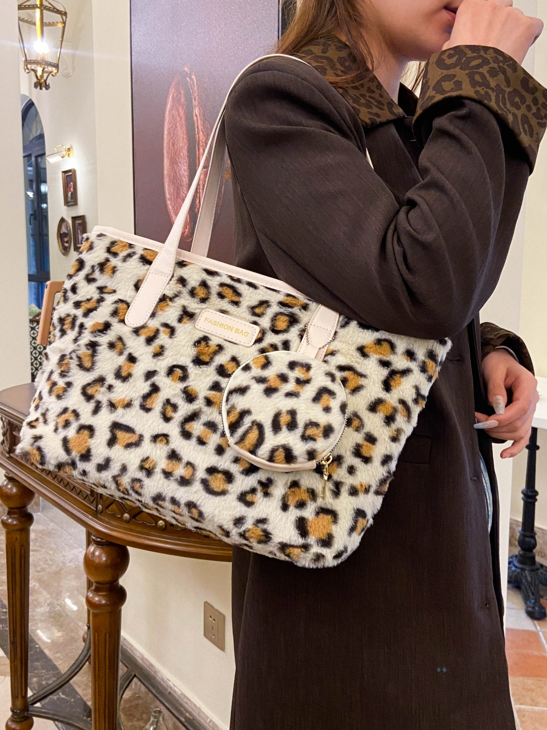 Leopard Faux Fur Tote Bag with Coin Purse