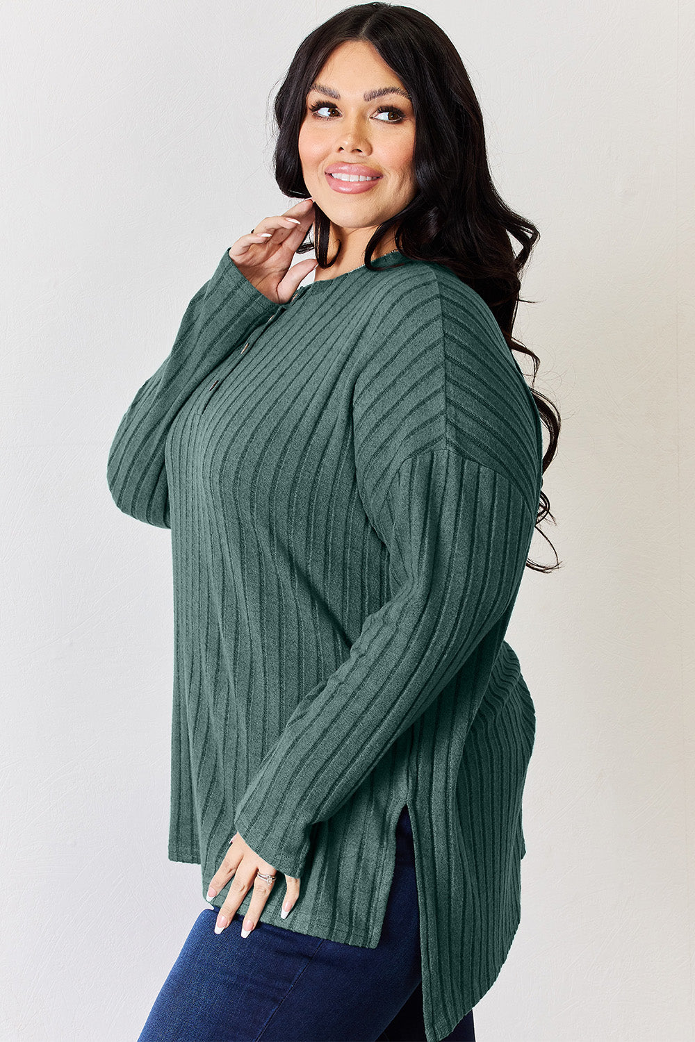 Basic Bae Full Size Ribbed Half Button Long Sleeve High-Low shirt