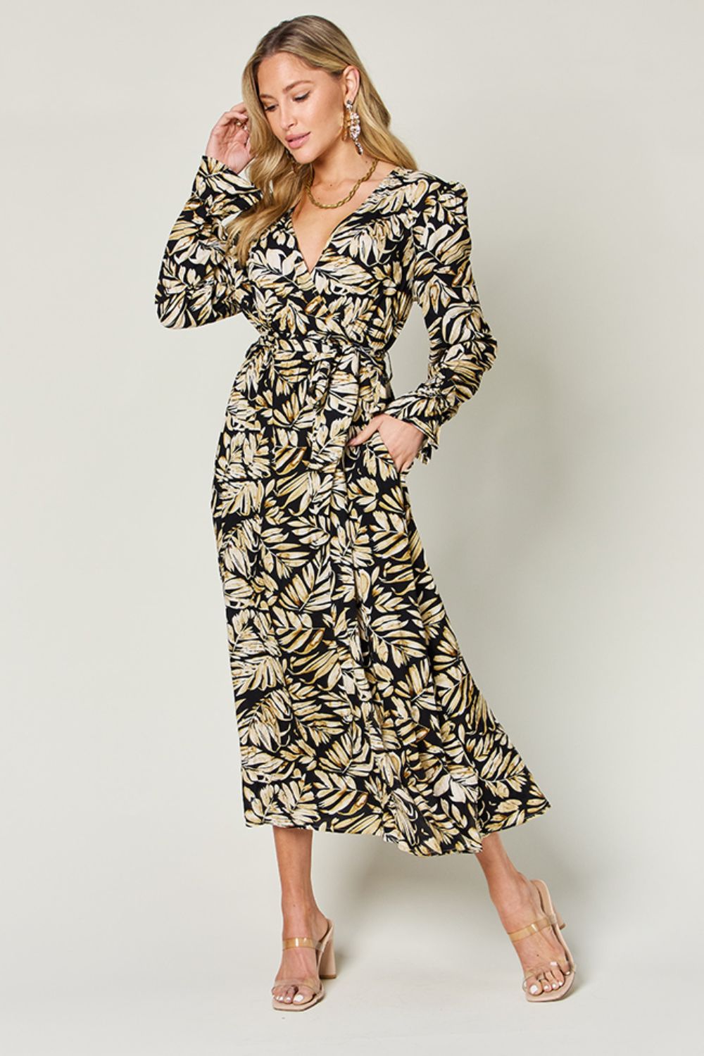 Double Take Tie Back Flounce Sleeve Dress