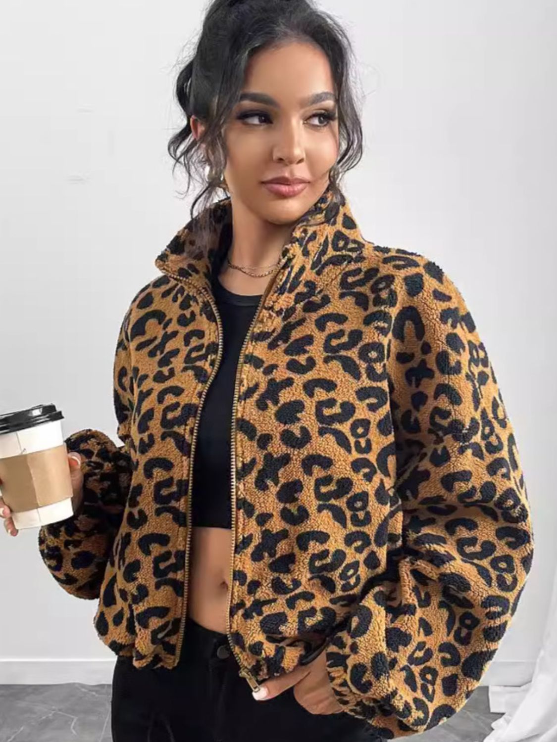 Leopard Zip Up Long Sleeve Jacket