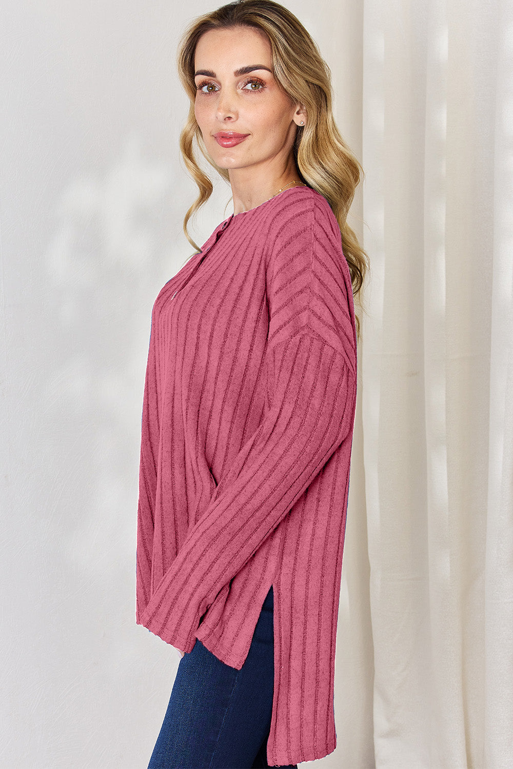 Basic Bae Full Size Ribbed Half Button Long Sleeve High-Low shirt