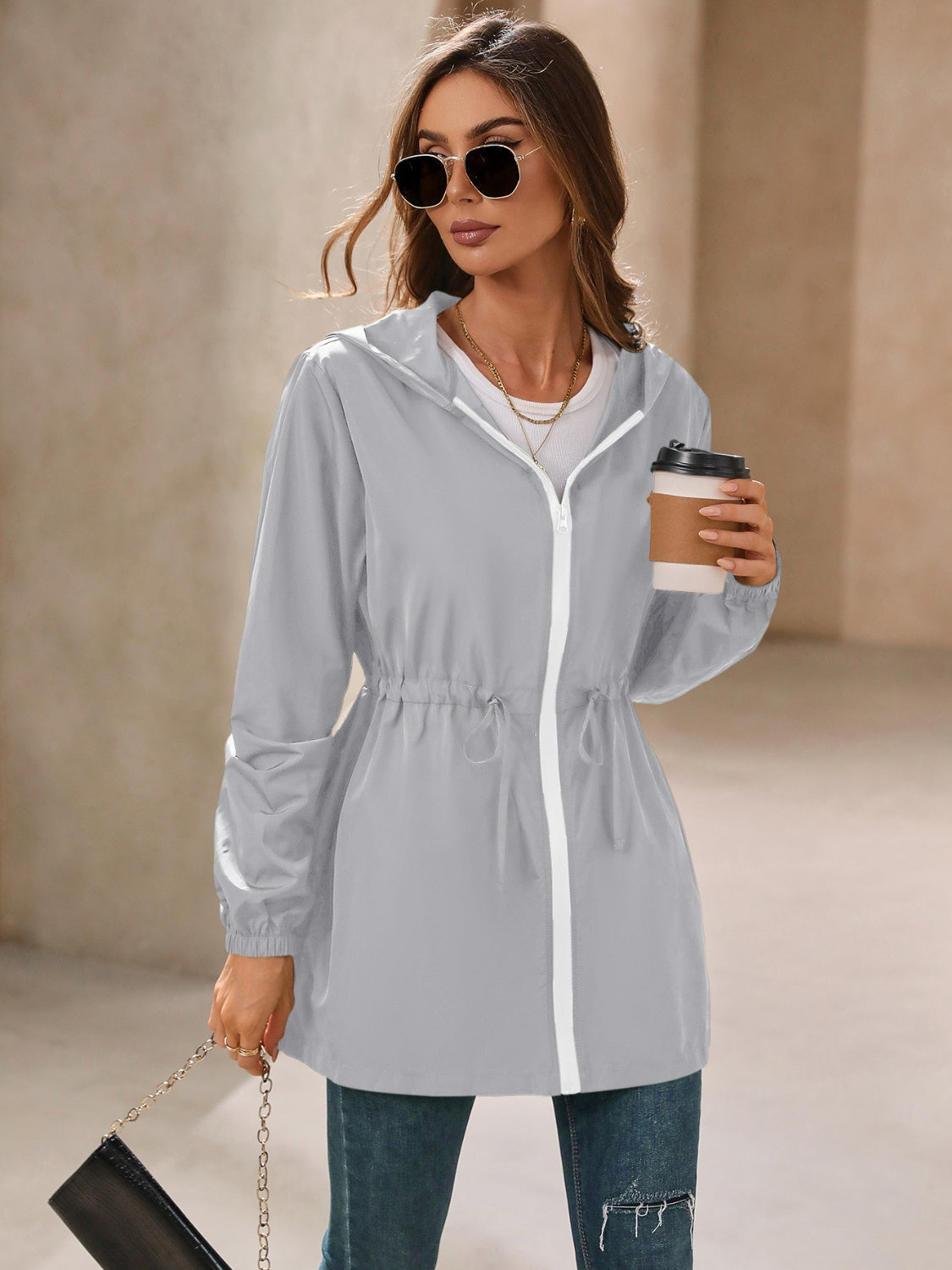 Zip Up Long Sleeve Womens Hooded Jacket