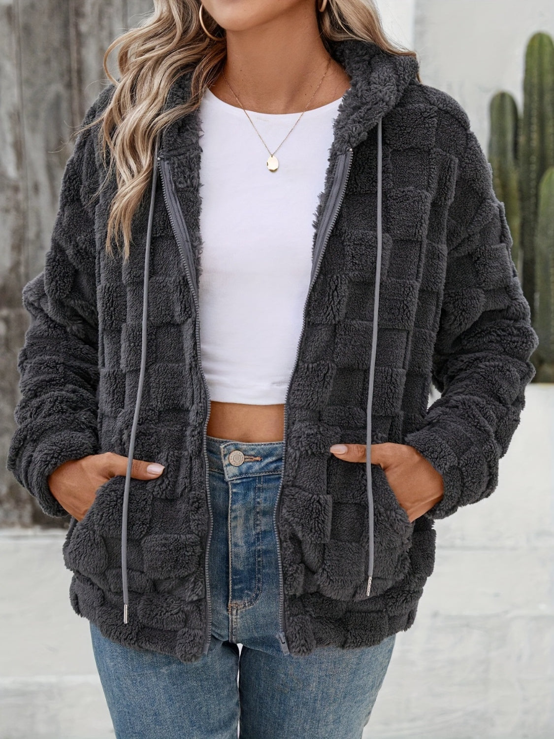 Checkered Texture Zip Up Drawstring Fuzzy Jacket