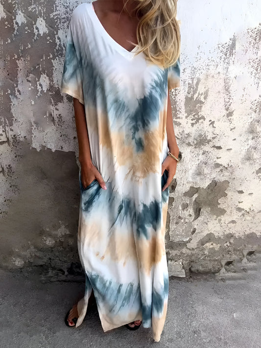 Pocketed Tie-Dye Short Sleeve Dress