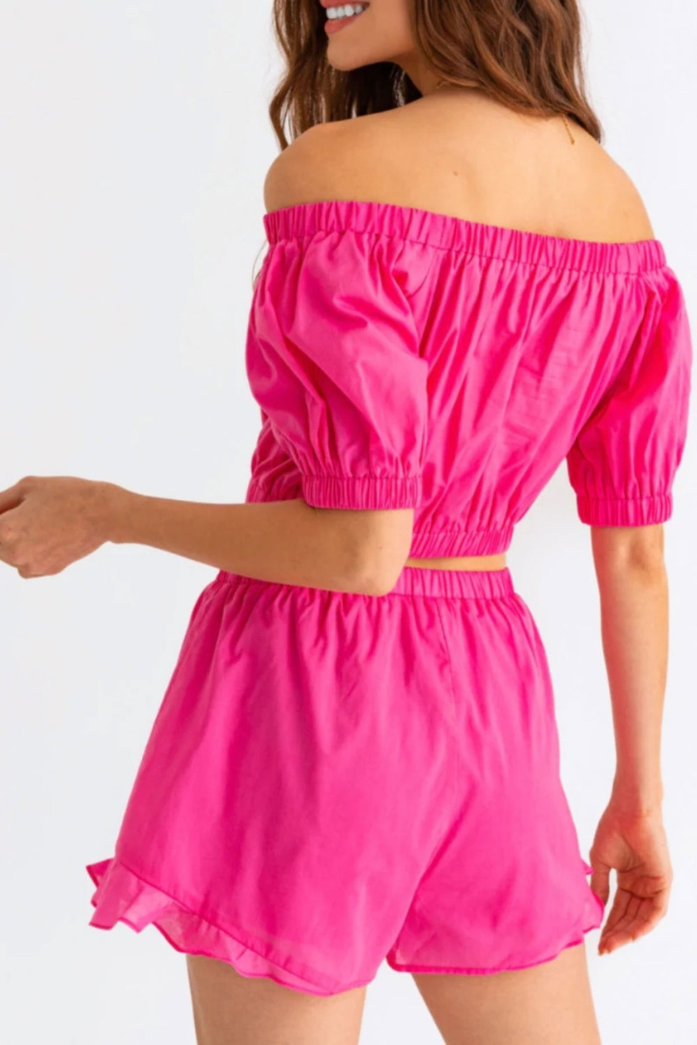 Le Lis Off Shoulder Crop Top and Ruffled Womens Shorts Set