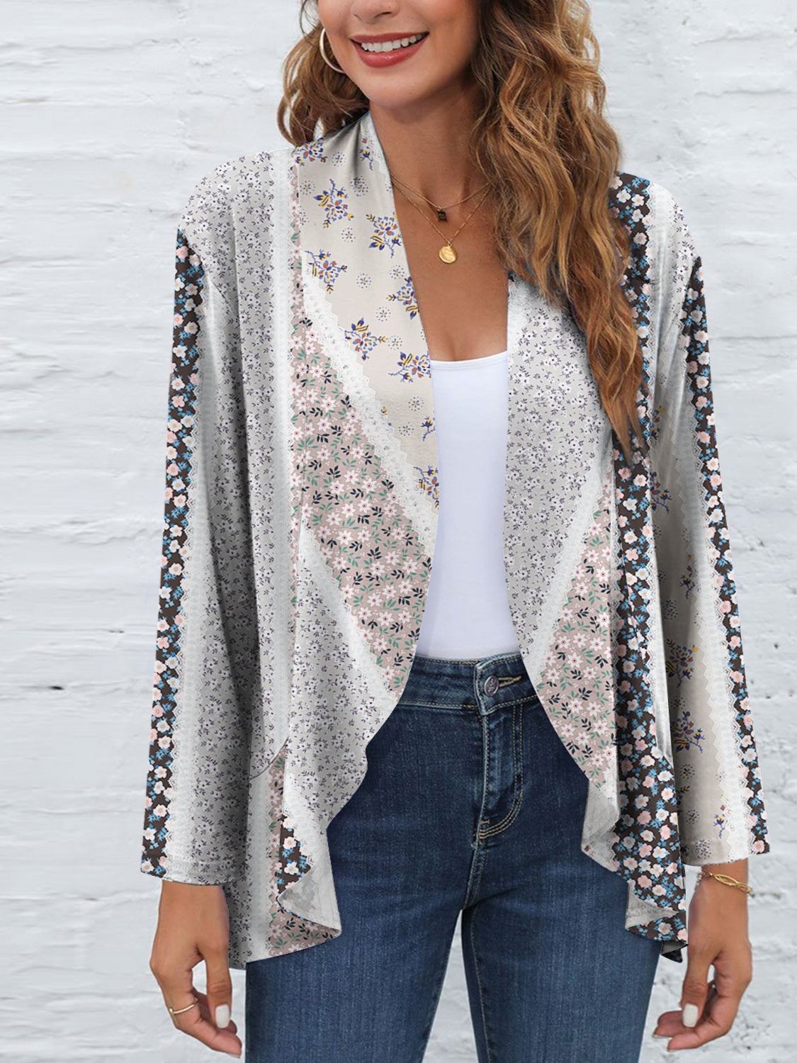 Printed Open Front Womens Long Sleeve Cardigan