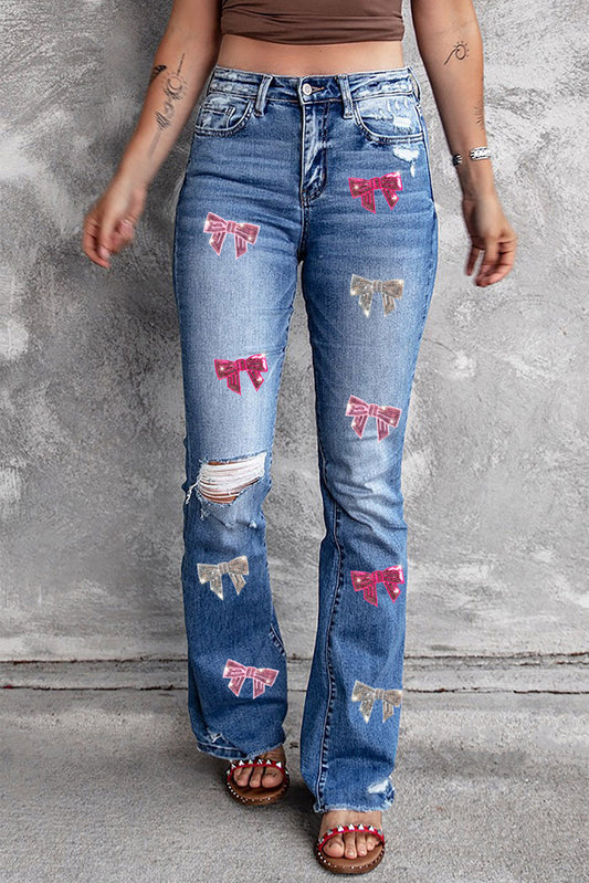 Sequin Bow Distressed Jeans