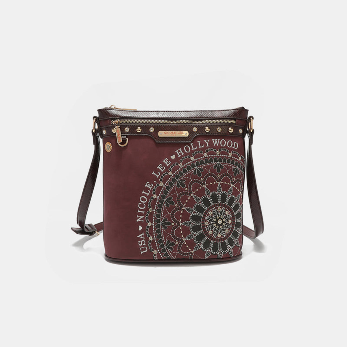 Nicole Lee USA Metallic Stitching Embroidery Inlaid Rhinestone Crossbody Bag/ Purse