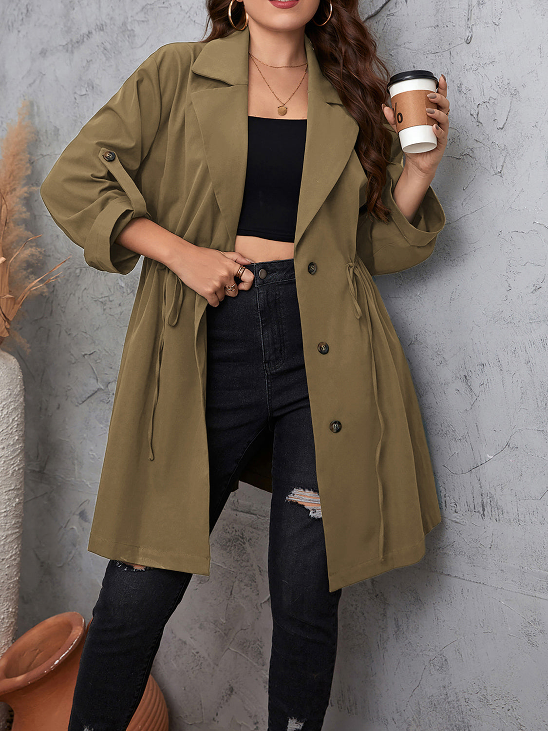 Plus Size Lapel Collar Womens Roll-Tab Sleeve Trench Coat