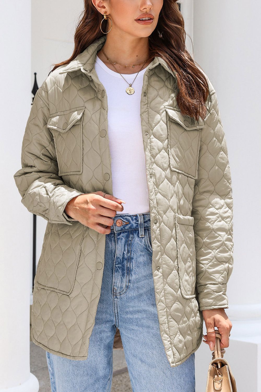 Quilted Snap Down Collared Winter Coat