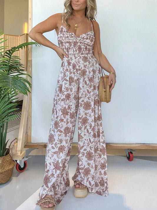 Printed Spaghetti Strap Wide Leg Jumpsuit