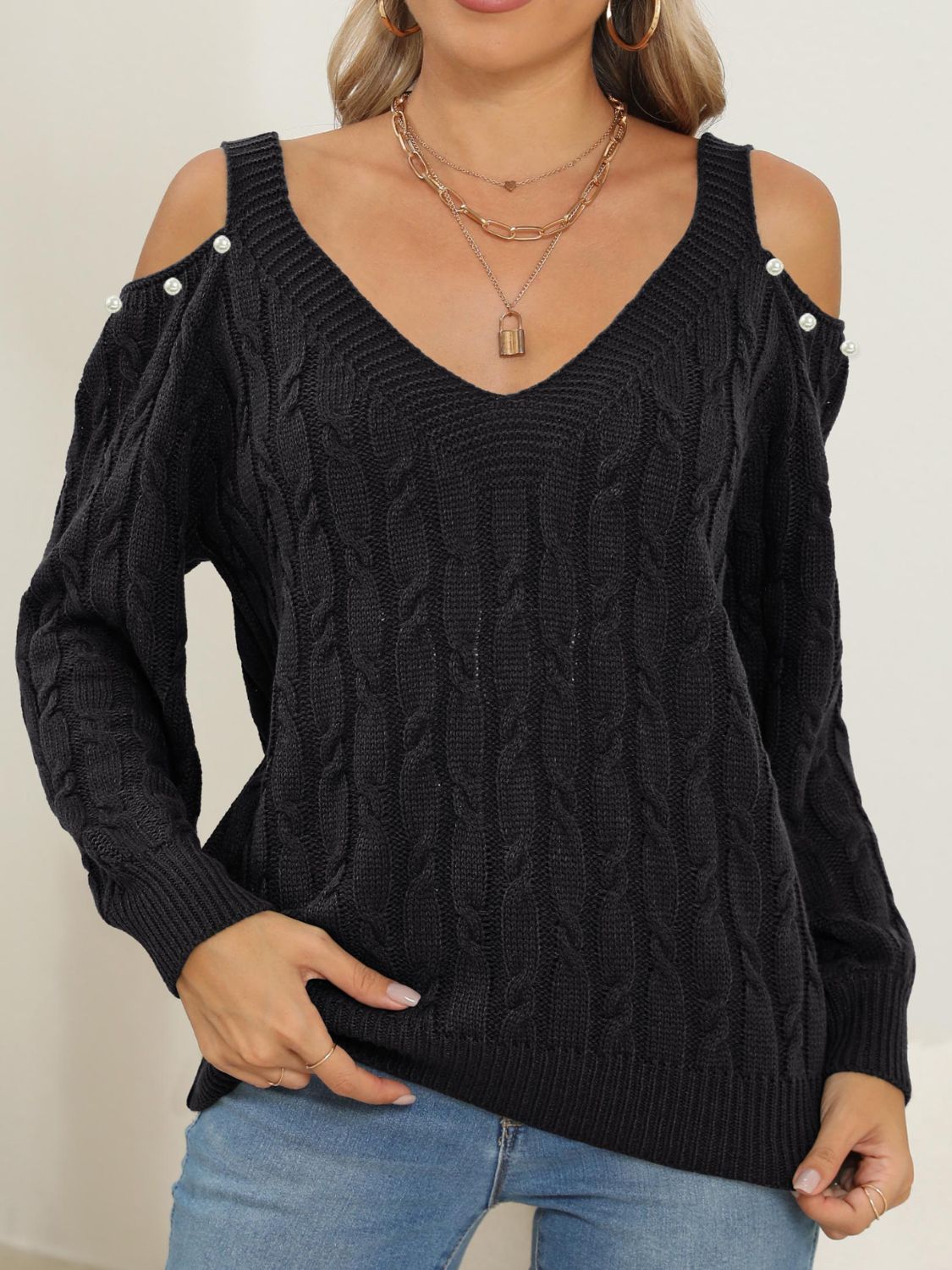 Cable-Knit Cold Shoulder Womens Sweater