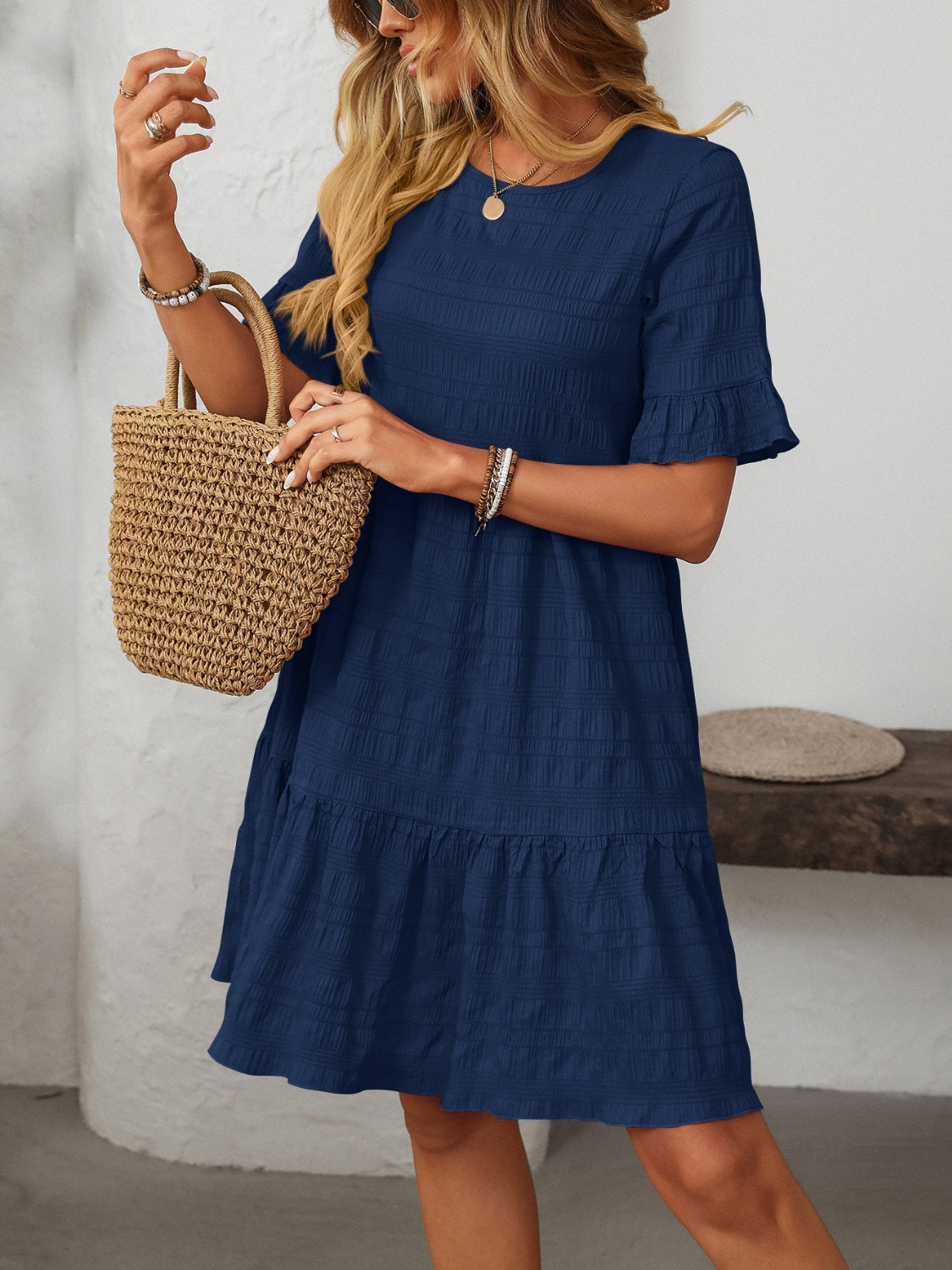 Mandy Ruffled Ruched Round Neck Half Sleeve Dress