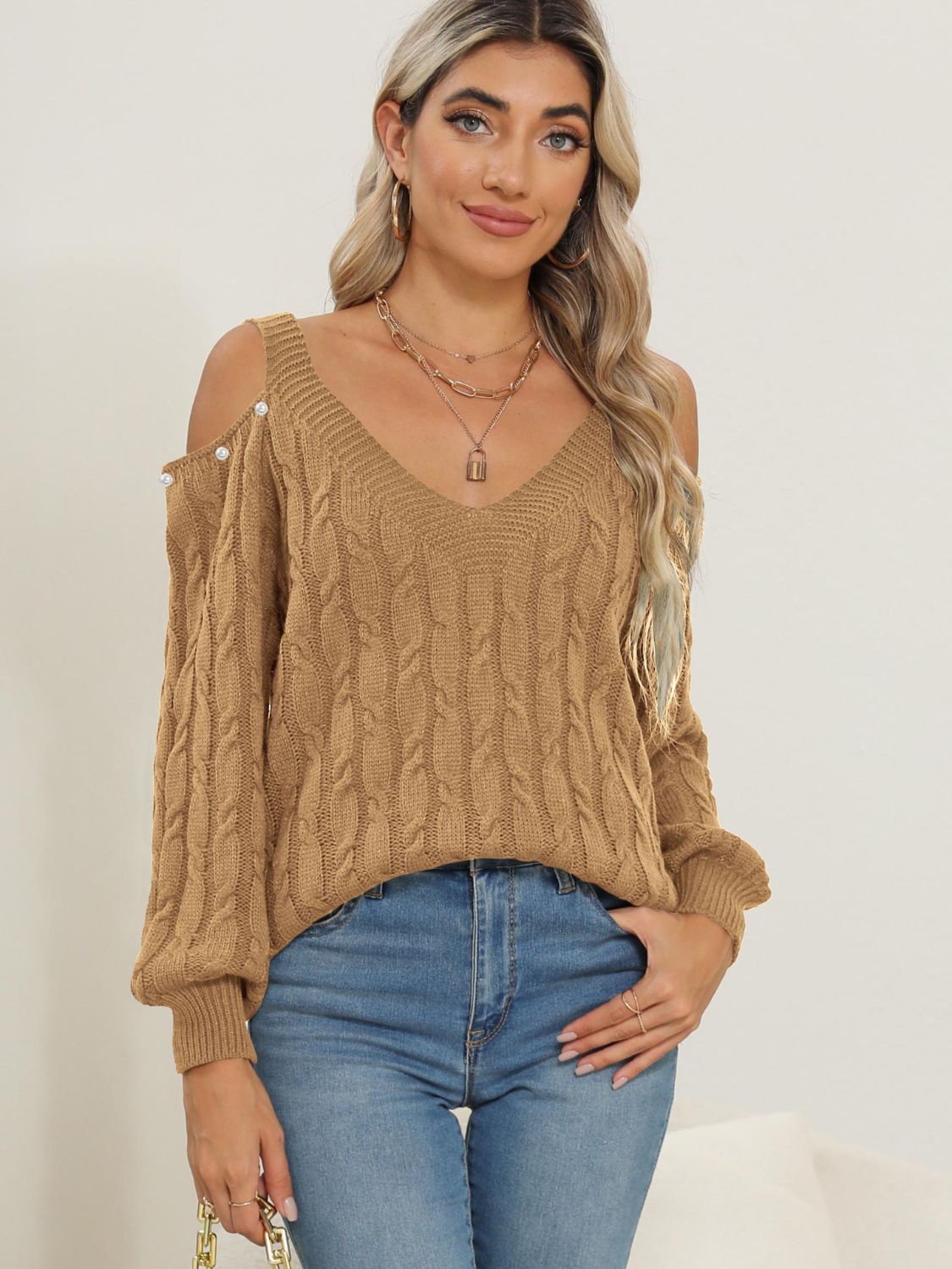 Cable-Knit Cold Shoulder Womens Sweater