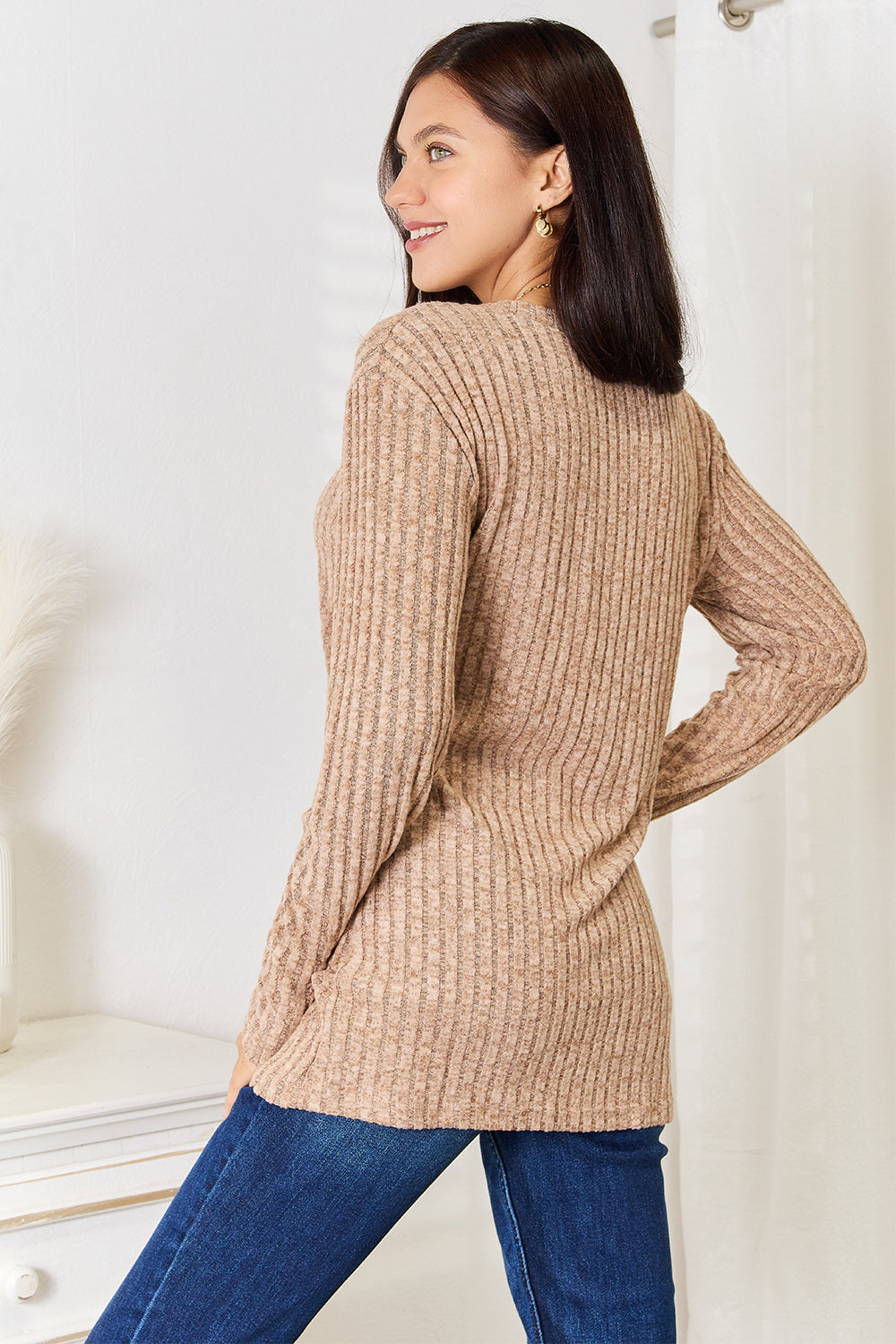 Double Take Notched Neck Ribbed Long Sleeve Shirt