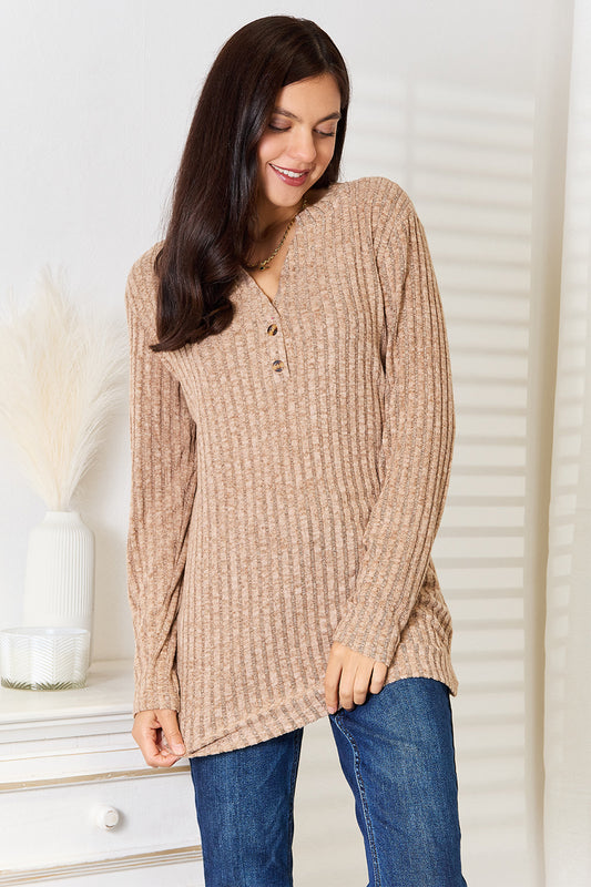 Double Take Notched Neck Ribbed Long Sleeve Shirt