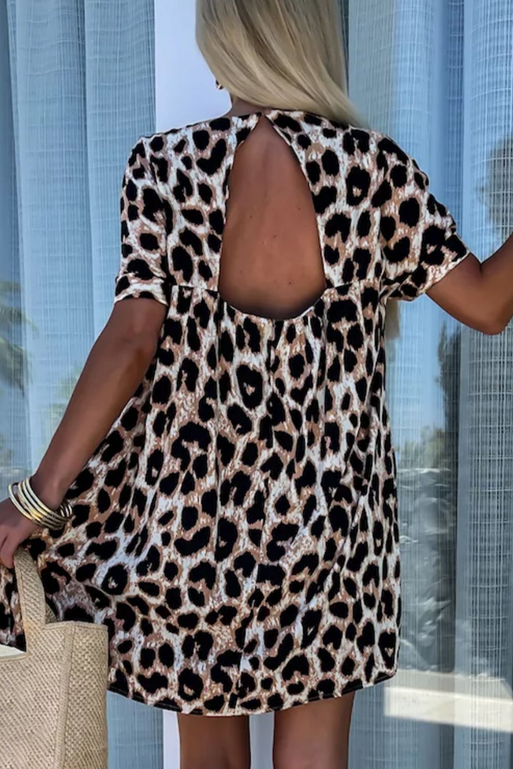 Cutout Back Leopard V-Neck Short Sleeve Mini Dress