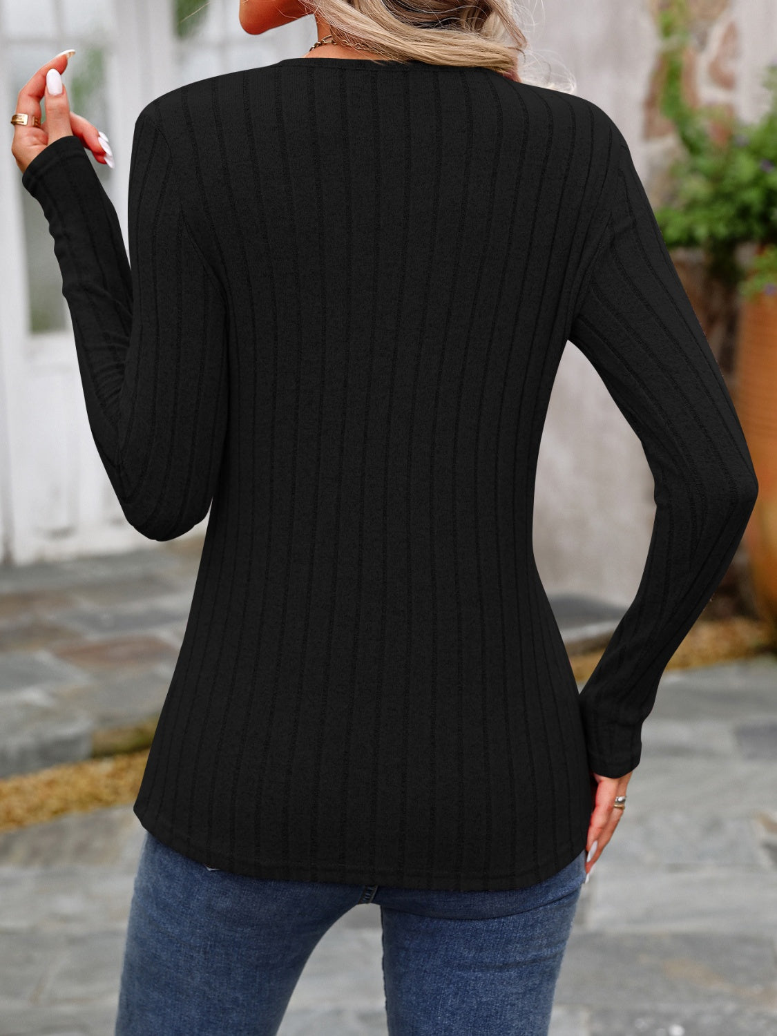 Decorative Button Round Neck Long Sleeve Shirt