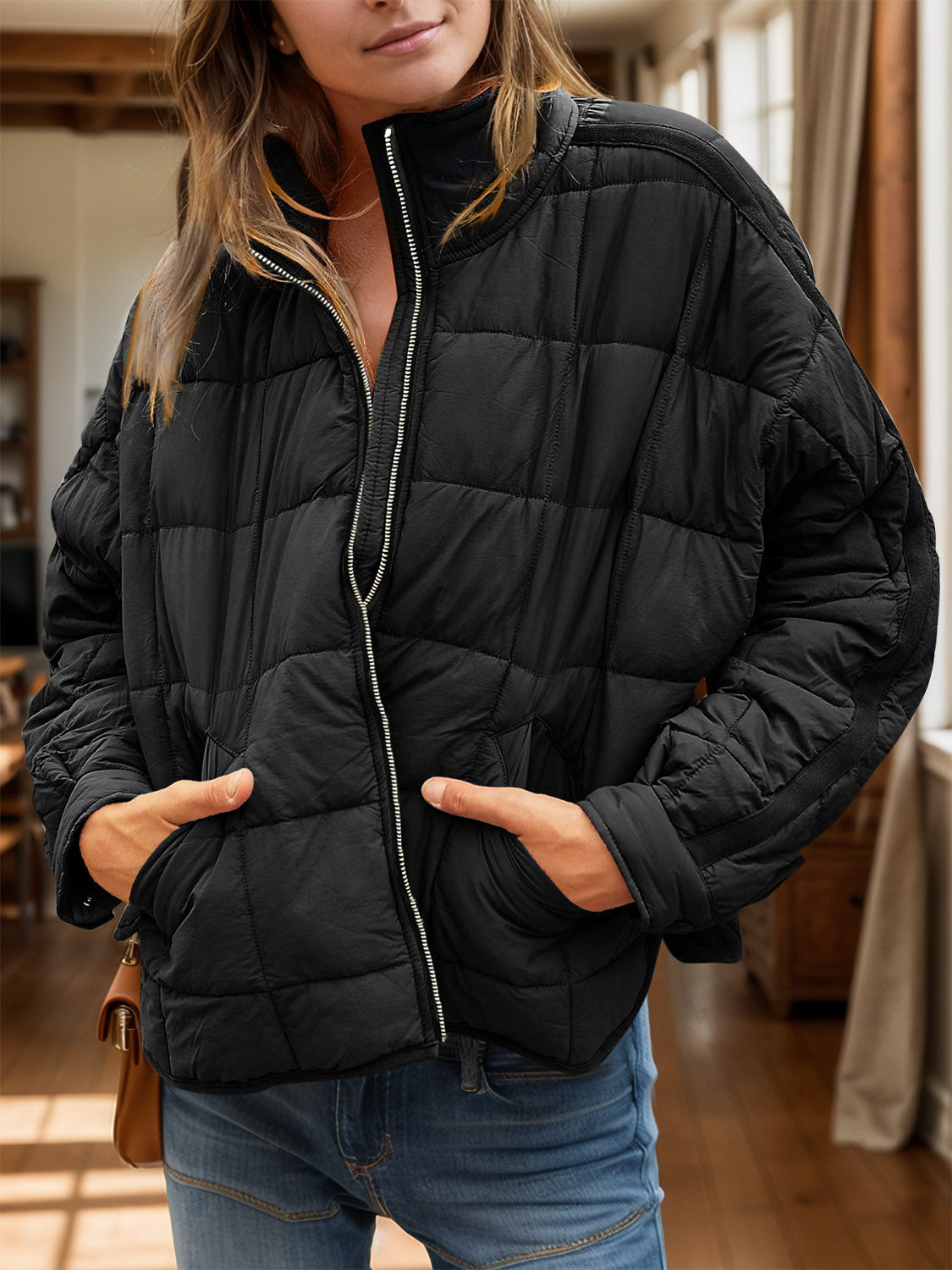 Pocketed Plaid Quilted Zip Up Winter Coat