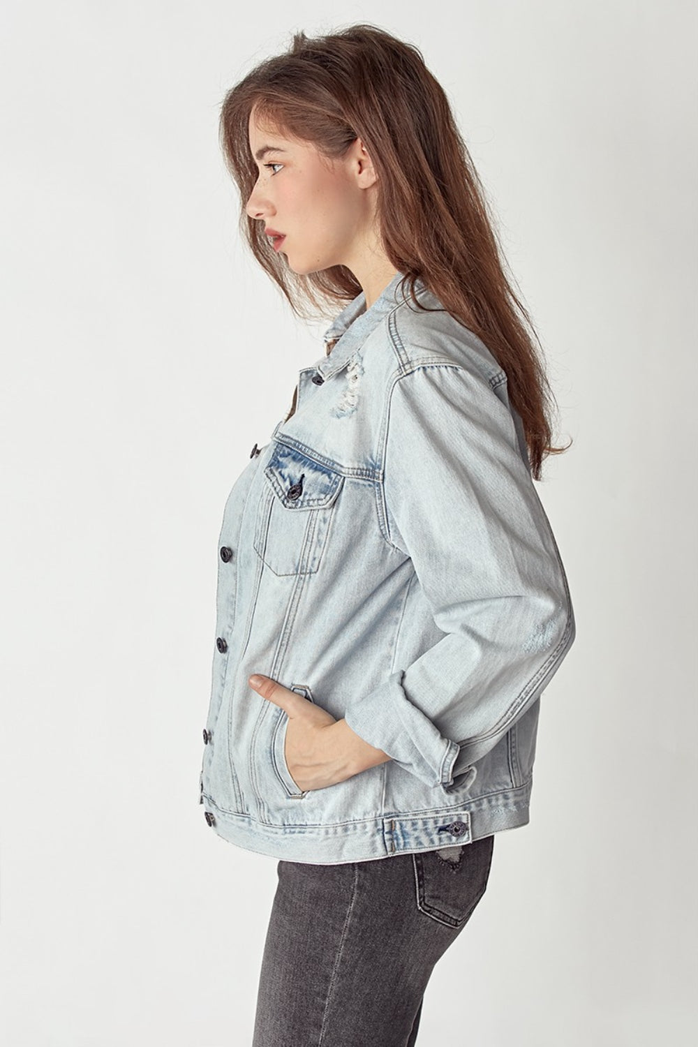 RISEN Distressed Button Up Womens Jacket