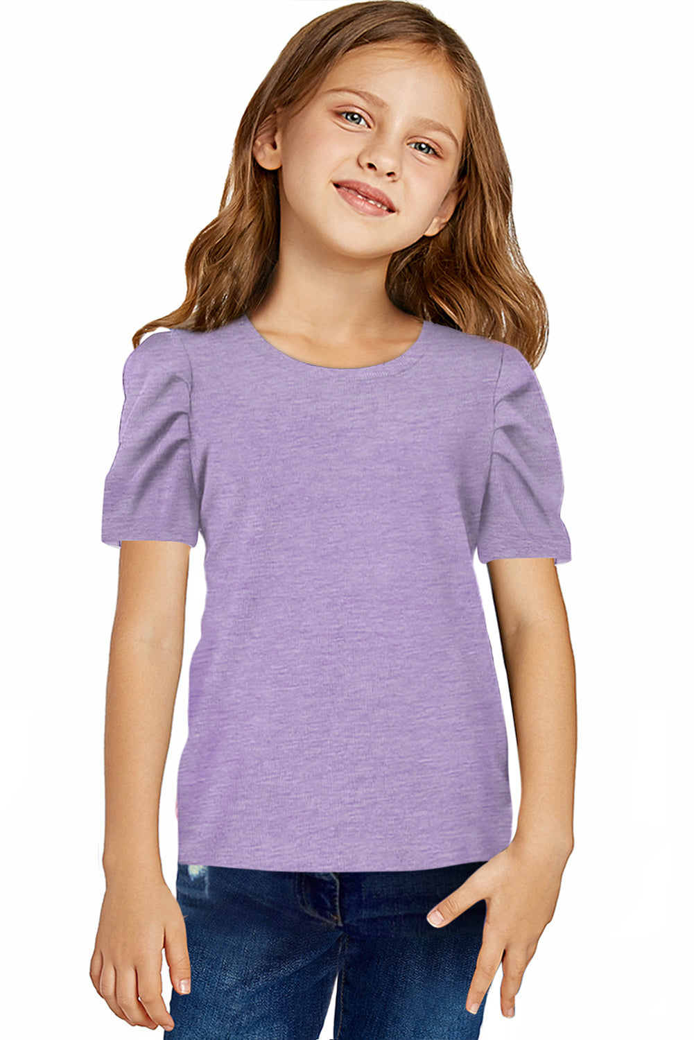 Girls Round Neck Puff Sleeve T-Shirt