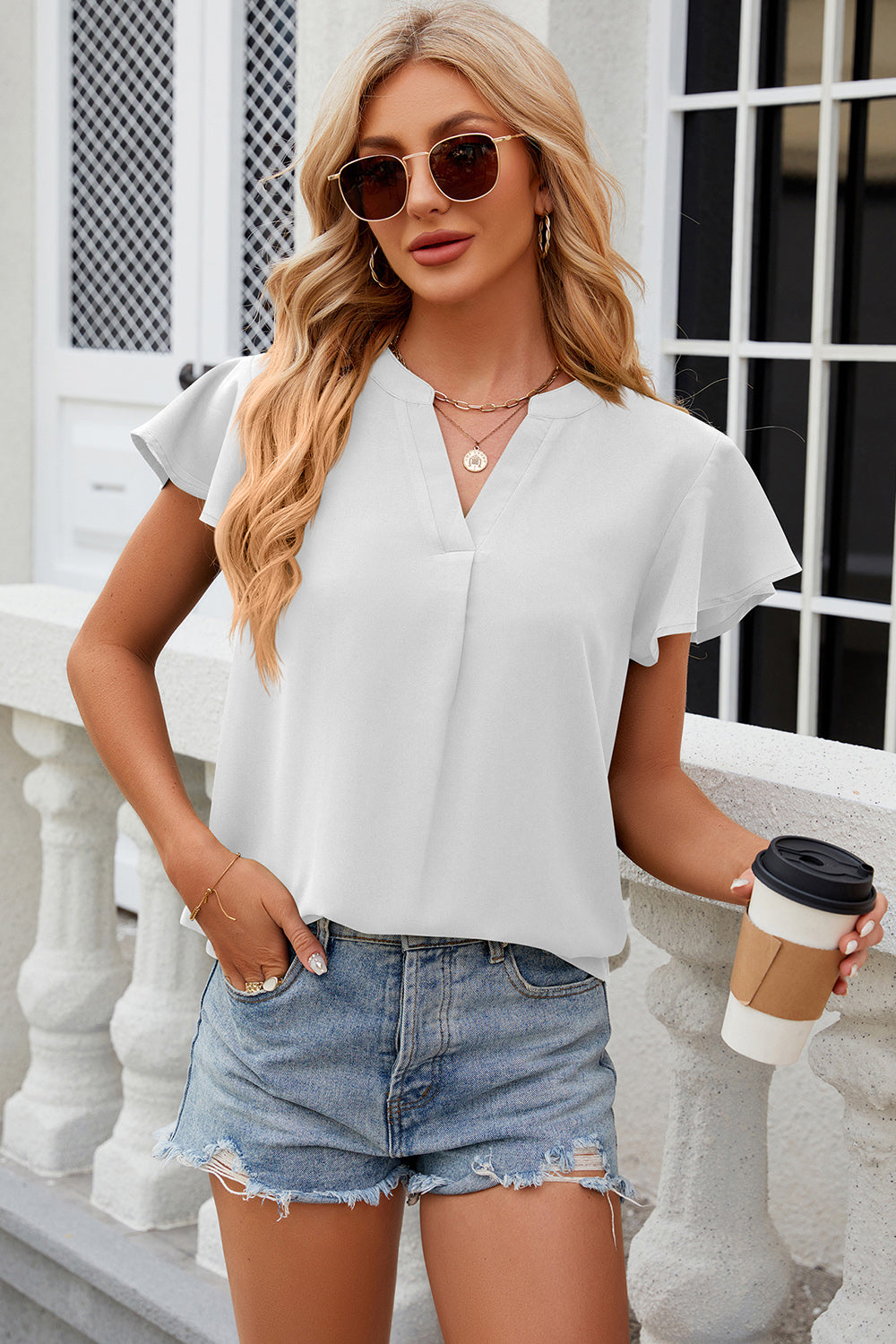 Notched Cap Sleeve Blouse