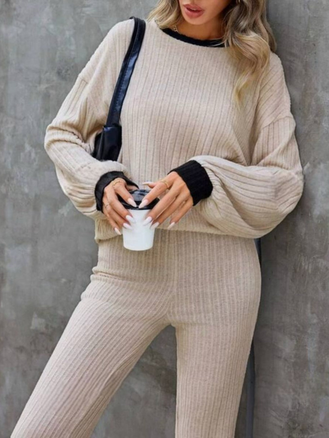 Contrast Round Neck Long Sleeve Top and Pants Set