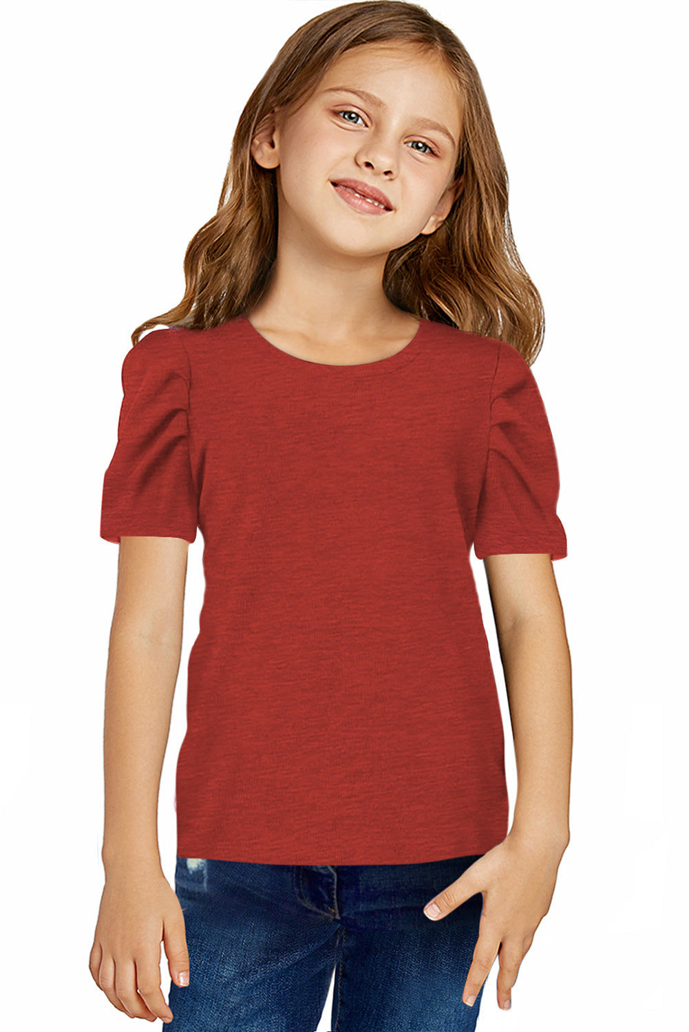 Girls Round Neck Puff Sleeve T-Shirt