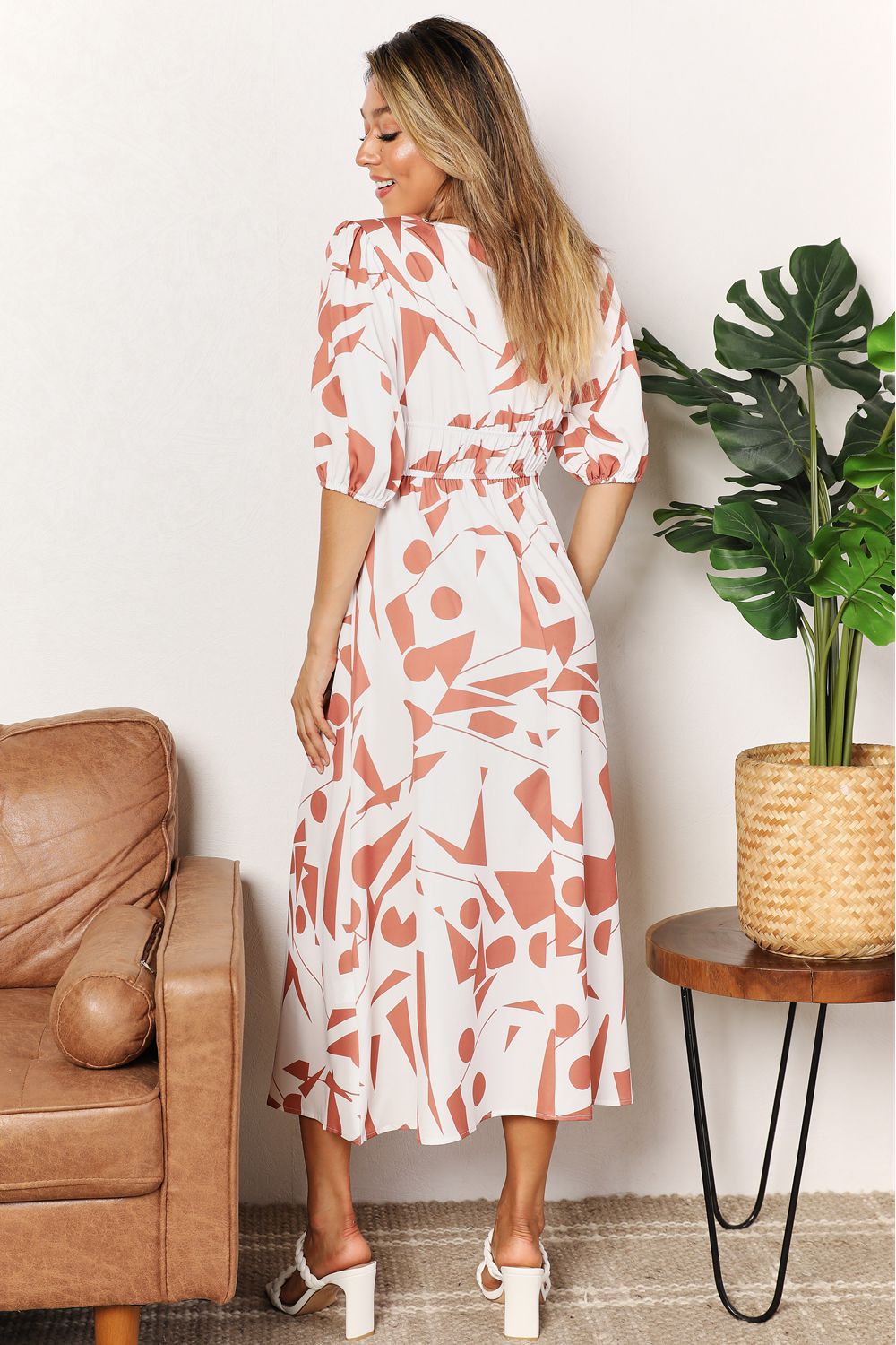 Surplice Balloon Sleeve Printed Dress