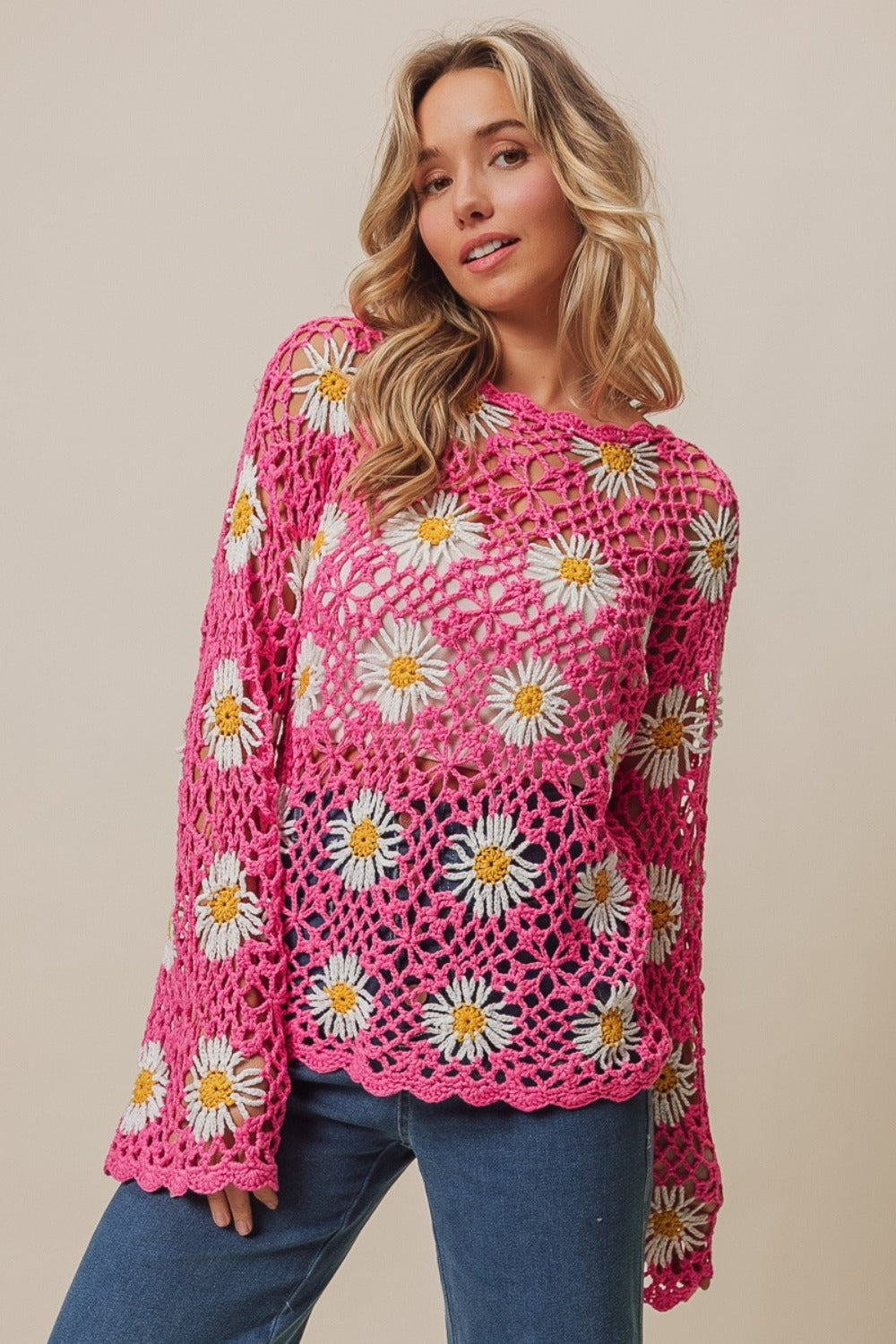 BiBi Floral Crochet Sweater Knit Lace Cover Up