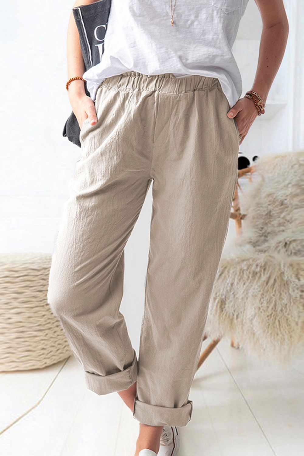 Shiny Waist Pull-On Pants with Pockets