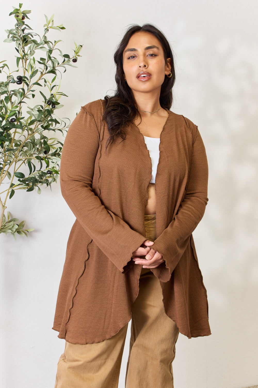 Coco Brown Culture Code Full Size Open Front Long Sleeve Cardigan